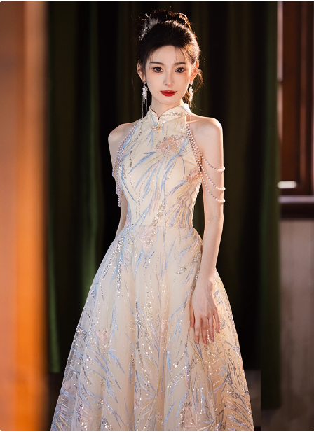 Elegant Cream Apricot A-Line Halter Neck Sequin Embroidered Pearl Fringe Tulle Long Classy Prom Dress