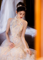 Elegant Cream Apricot A-Line Halter Neck Sequin Embroidered Pearl Fringe Tulle Long Classy Prom Dress