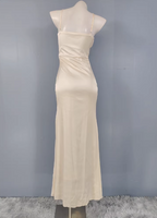 Elegant Cream Apricot Spaghetti Strap V-Neck Ruffled Satin Long Classy Prom Dress Bridesmaid Dress