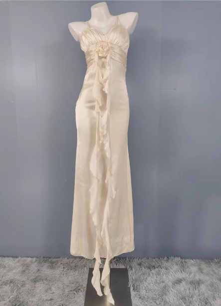Elegant Cream Apricot Spaghetti Strap V-Neck Ruffled Satin Long Classy Prom Dress Bridesmaid Dress