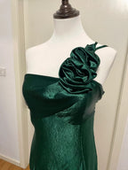 Elegant Dark Green 3D Floral One-Shoulder Satin Long Classy Prom Dress