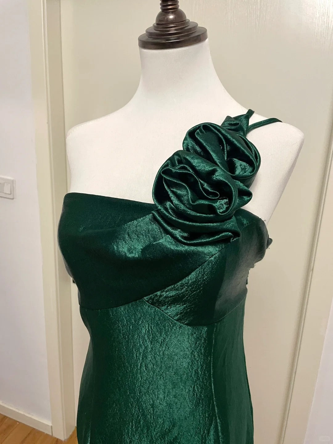Elegant Dark Green 3D Floral One-Shoulder Satin Long Classy Prom Dress