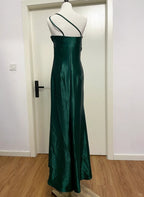 Elegant Dark Green 3D Floral One-Shoulder Satin Long Classy Prom Dress