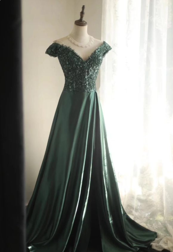 Elegant Dark Green A-Line Off-Shoulder Sequined Satin Long Classy Prom Dress Secondary image