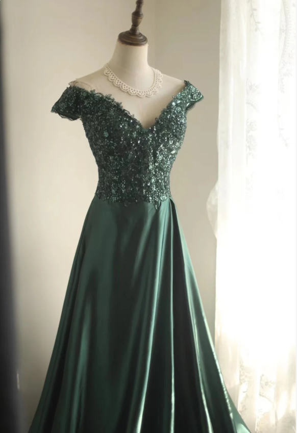 Elegant Dark Green A-Line Off-Shoulder Sequined Satin Long Classy Prom Dress