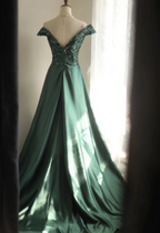 Elegant Dark Green A-Line Off-Shoulder Sequined Satin Long Classy Prom Dress