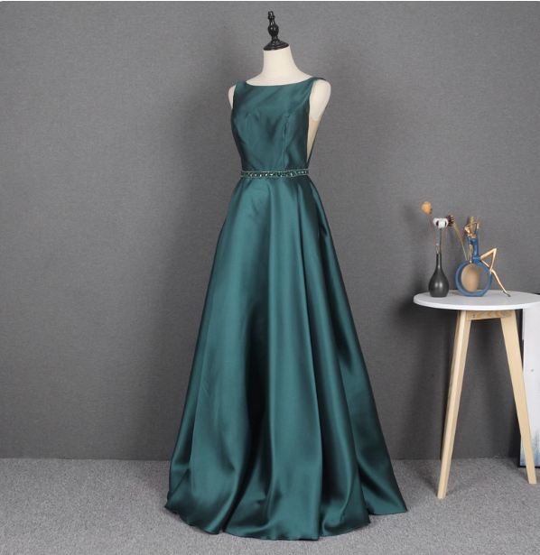 Elegant Dark Green A-Line Sleeveless Rhinestone Satin Long Classy Prom Dress Main image