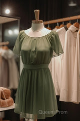 Elegant Dark Green Jewel Short Bridesmaid Dress With Flowy Chiffon Sleeves