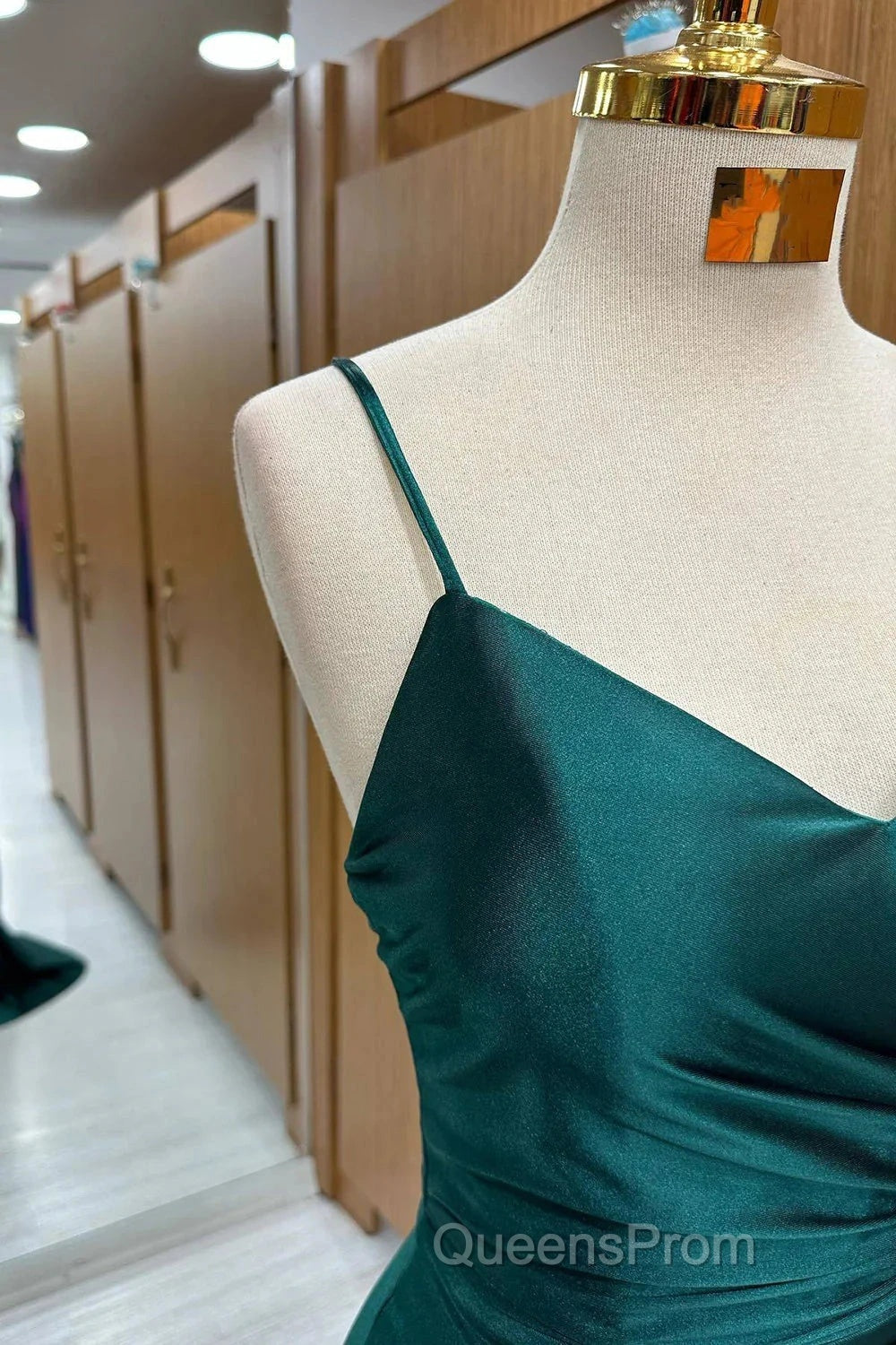 Elegant Dark Green Mermaid Spaghetti Strap Satin Long Evening Prom Dress