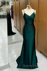 Elegant Dark Green Mermaid Spaghetti Strap Satin Long Evening Prom Dress