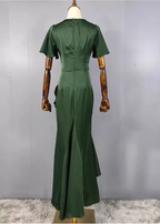 Elegant Dark Green Ruffled V-Neck Asymmetrical Hem Satin Classy Prom Dress