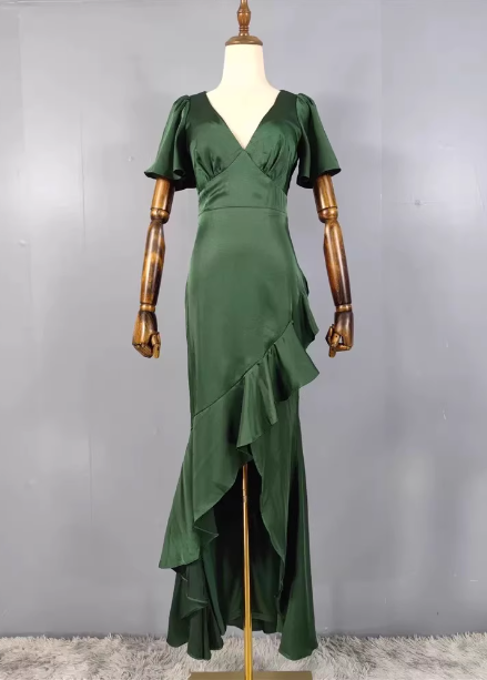 Elegant Dark Green Ruffled V-Neck Asymmetrical Hem Satin Classy Prom Dress