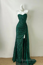 Elegant Dark Green Sweetheart Neck Mermaid Long Evening Prom Dress Sequin Strapless Formal Evening Dress