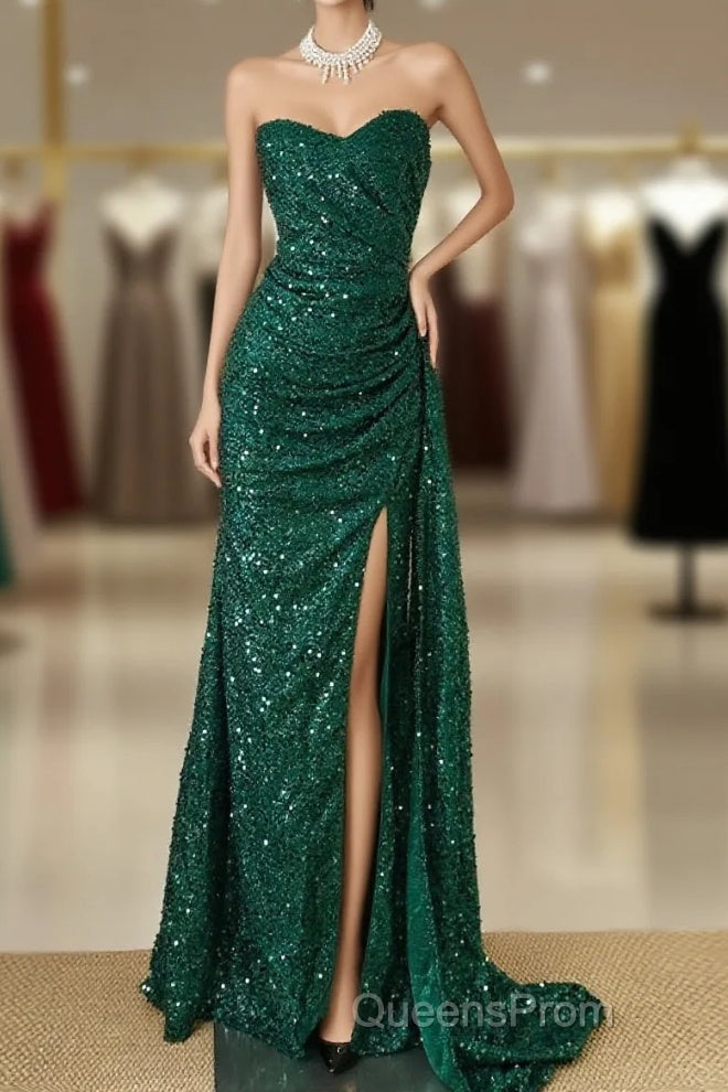 Elegant Dark Green Sweetheart Neck Mermaid Long Evening Prom Dress Sequin Strapless Formal Evening Dress Main image