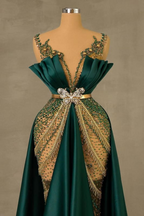 Elegant Dark Green V-Neck Luxury Beaded Mermaid Court Train Prom Dresses