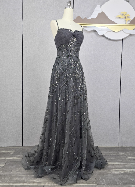 Elegant Dark Grey A-Line Spaghetti Strap Sequin Tulle Long Classy Prom Dress Secondary image