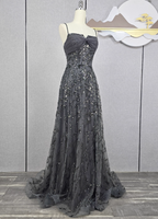 Elegant Dark Grey A-Line Spaghetti Strap Sequin Tulle Long Classy Prom Dress