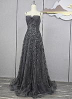 Elegant Dark Grey A-Line Spaghetti Strap Sequin Tulle Long Classy Prom Dress