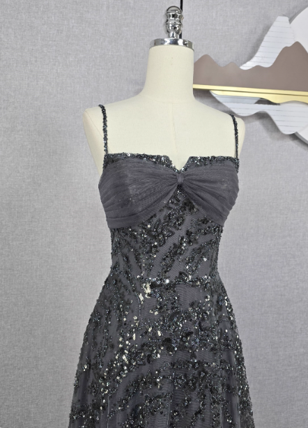 Elegant Dark Grey A-Line Spaghetti Strap Sequin Tulle Long Classy Prom Dress