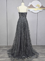Elegant Dark Grey A-Line Spaghetti Strap Sequin Tulle Long Classy Prom Dress