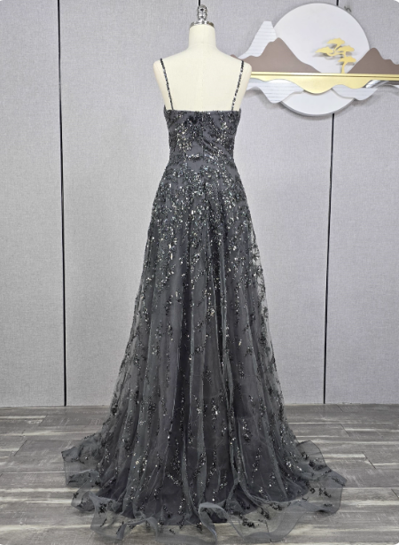 Elegant Dark Grey A-Line Spaghetti Strap Sequin Tulle Long Classy Prom Dress