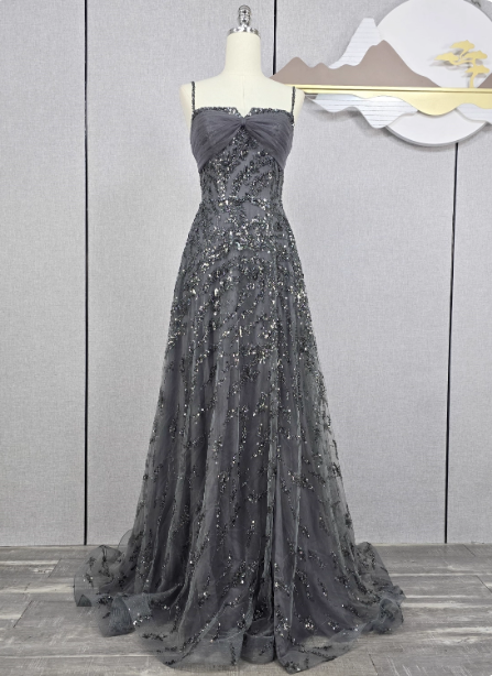 Elegant Dark Grey A-Line Spaghetti Strap Sequin Tulle Long Classy Prom Dress Main image