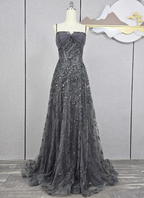 Elegant Dark Grey A-Line Spaghetti Strap Sequin Tulle Long Classy Prom Dress