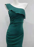 Elegant Deep Emerald Green Mermaid One-Shoulder Ruffled Slit Satin Long Classy Prom Dress