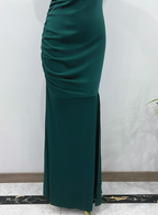 Elegant Deep Emerald Green Mermaid One-Shoulder Ruffled Slit Satin Long Classy Prom Dress