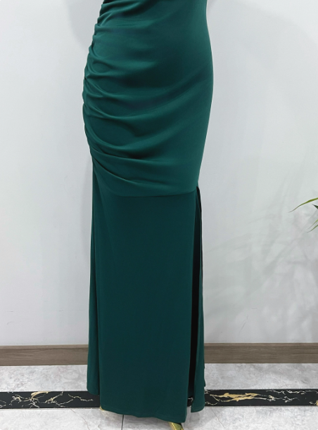 Elegant Deep Emerald Green Mermaid One-Shoulder Ruffled Slit Satin Long Classy Prom Dress