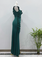 Elegant Deep Emerald Green Mermaid One-Shoulder Ruffled Slit Satin Long Classy Prom Dress