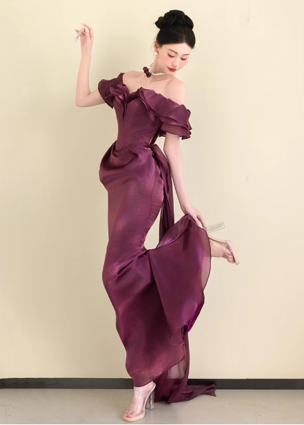 Elegant Deep Fuchsia Mermaid Off-The-Shoulder Ruffled Satin Long Classy Prom Dress