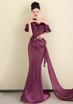 Elegant Deep Fuchsia Mermaid Off-The-Shoulder Ruffled Satin Long Classy Prom Dress