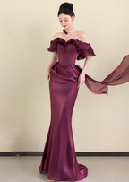 Elegant Deep Fuchsia Mermaid Off-The-Shoulder Ruffled Satin Long Classy Prom Dress