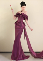 Elegant Deep Fuchsia Mermaid Off-The-Shoulder Ruffled Satin Long Classy Prom Dress