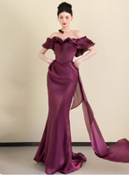 Elegant Deep Fuchsia Mermaid Off-The-Shoulder Ruffled Satin Long Classy Prom Dress
