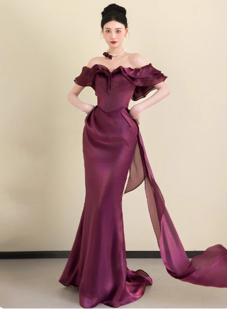 Elegant Deep Fuchsia Mermaid Off-The-Shoulder Ruffled Satin Long Classy Prom Dress
