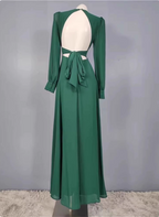 Elegant Deep Green A-Line V-Neck Long-Sleeved Backless Chiffon Long Classy Prom Dress