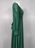 Elegant Deep Green A-Line V-Neck Long-Sleeved Backless Chiffon Long Classy Prom Dress