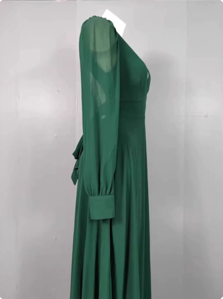 Elegant Deep Green A-Line V-Neck Long-Sleeved Backless Chiffon Long Classy Prom Dress