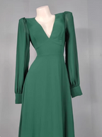 Elegant Deep Green A-Line V-Neck Long-Sleeved Backless Chiffon Long Classy Prom Dress