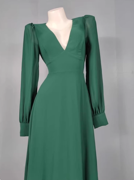 Elegant Deep Green A-Line V-Neck Long-Sleeved Backless Chiffon Long Classy Prom Dress