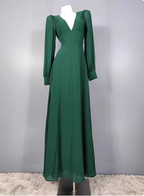 Elegant Deep Green A-Line V-Neck Long-Sleeved Backless Chiffon Long Classy Prom Dress