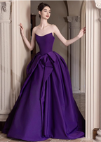 Elegant Deep Purple A-Line Strapless Satin Long Classy Prom Dress