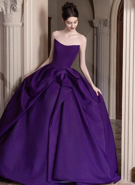 Elegant Deep Purple A-Line Strapless Satin Long Classy Prom Dress