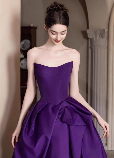Elegant Deep Purple A-Line Strapless Satin Long Classy Prom Dress