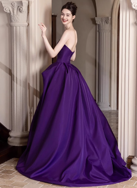 Elegant Deep Purple A-Line Strapless Satin Long Classy Prom Dress