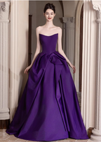 Elegant Deep Purple A-Line Strapless Satin Long Classy Prom Dress