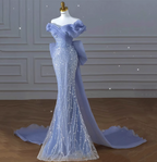 Elegant Dreamy Blue Mermaid Off-The-Shoulder Bow Sequined Tulle Train Classy Prom Dress