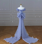 Elegant Dreamy Blue Mermaid Off-The-Shoulder Bow Sequined Tulle Train Classy Prom Dress